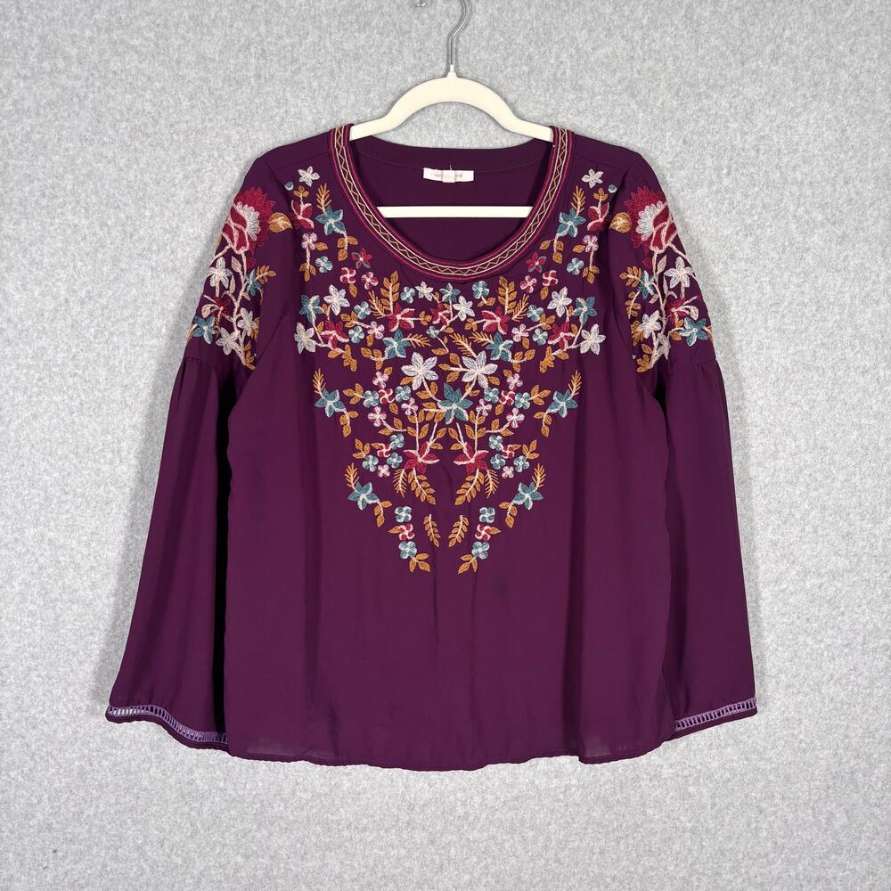Anthropologie Skies Are Blue Top Large Embroidered Flowy Boho Artsy Burgundy